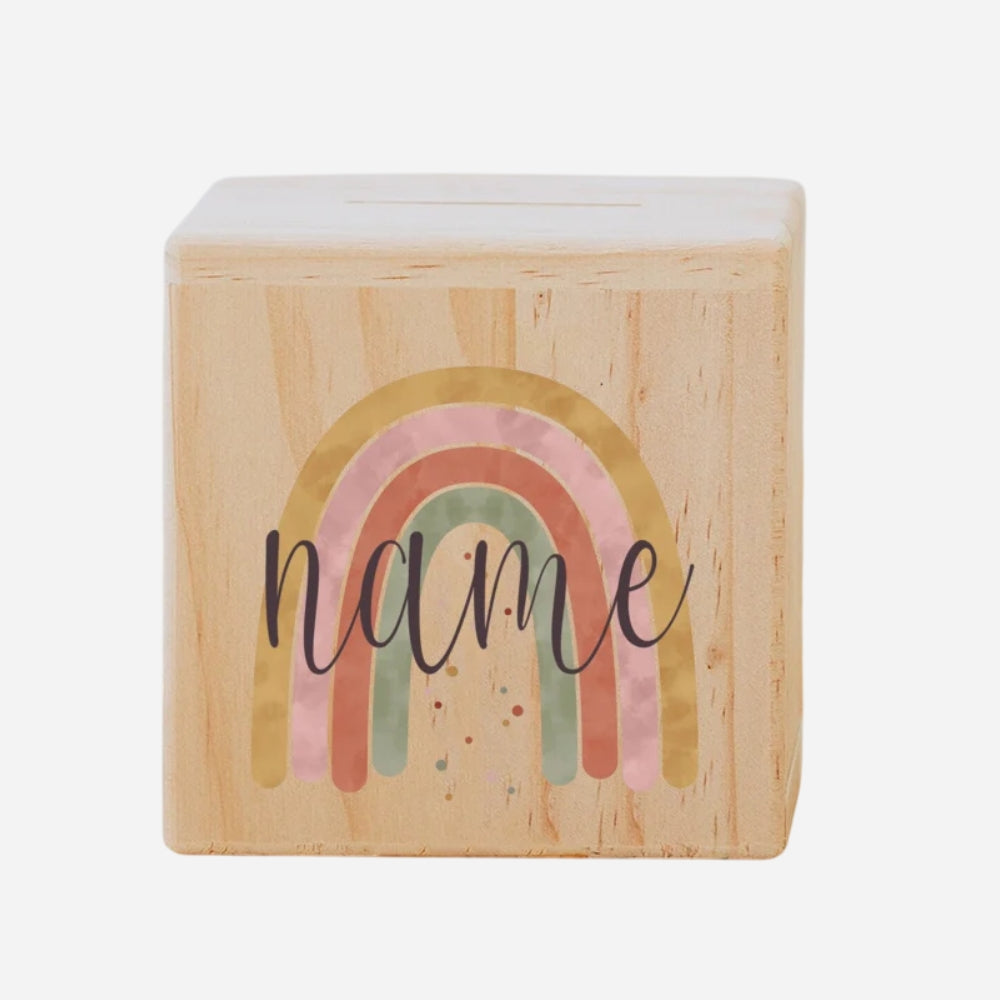 Tirelire en bois personnalisée motif arc-en-ciel